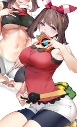 Rule 34 | 1girl, arched back, barefoot, bike shorts, blue eyes, blush, breasts, brown hair, cleavage, clothes lift, creatures (company), game freak, gen 4 pokemon, hairband, heart, highres, holding, holding pokemon, impossible clothes, large breasts, lifting own clothes, looking at viewer, marushin (denwa0214), may (pokemon), medium breasts, medium hair, midriff, multiple views, navel, nintendo, open mouth, pokemon, pokemon (creature), pokemon oras, red hairband, red shirt, rotom, rotom (wash), rotom phone, seiza, shirt, shirt lift, short hair, shorts, simple background, sitting, sleeveless, sleeveless shirt, smile, spoken heart, stomach, tagme, thighs, toes, underboob, white background, white shorts