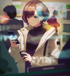 Rule 34 | 1girl, black shirt, brown hair, can, extra, from outside, highres, higuchi madoka, holding, holding can, holding phone, idolmaster, idolmaster shiny colors, jacket, jewelry, looking at phone, mole, mole under eye, necklace, phone, red eyes, shirt, solo focus, sugar rush, white jacket