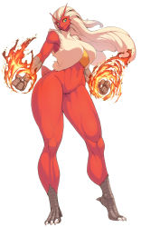 Rule 34 | 1girl, bird girl, blaziken, blonde hair, blue eyes, bottomless, breasts, claws, clenched hands, colored sclera, creatures (company), fire, full body, furry, furry female, game freak, gen 3 pokemon, highres, large breasts, long hair, muscular, muscular female, nintendo, platinum blonde hair, pokemon, pokemon (creature), simple background, smile, solo, spacezin, tail, thick thighs, thighs, white background, wide hips, yellow sclera
