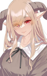 Rule 34 | 1girl, black ribbon, brown dress, closed mouth, collarbone, collared dress, commentary request, dress, eyes visible through hair, hair over one eye, highres, horns, long hair, looking at viewer, mole, mole under eye, neck ribbon, original, pointy ears, red eyes, ribbon, simple background, smile, solo, upper body, white background, yuuji (yukimimi)