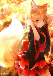 Rule 34 | 1girl, animal ear fluff, animal ears, arm behind head, autumn, autumn leaves, backlighting, blonde hair, blush, chita (ketchup), cowboy shot, floral print, fox ears, fox tail, frilled sleeves, frills, hair between eyes, highres, japanese clothes, kimono, looking at viewer, obi, original, parted lips, red eyes, sash, short eyebrows, short hair, short kimono, signature, slit pupils, solo, tail, wide sleeves