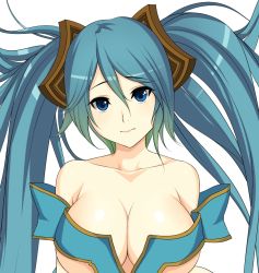 Rule 34 | 1girl, blue eyes, blue hair, blush, breasts, cleavage, closed mouth, embarrassed, eyebrows, green hair, hair between eyes, hair ornament, large breasts, league of legends, long hair, looking at viewer, revealing clothes, simple background, sona (league of legends), tony guisado, twintails, upper body, very long hair, white background