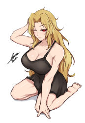 Rule 34 | 10s, 1girl, absurdres, airisubaka, bare shoulders, blonde hair, breasts, cleavage, daidouji (senran kagura), full body, hand on own head, highres, large breasts, long hair, mole, mole under eye, muscular, muscular female, nightgown, one eye closed, red eyes, senran kagura, signature, simple background, sitting, solo, white background