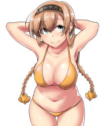 Rule 34 | 1girl, absurdres, arms behind head, bikini, black headband, blue eyes, blush, braid, breasts, cleavage, clothes writing, collarbone, commentary, eyes visible through hair, hair ornament, headband, highres, kantai collection, kiritto, large breasts, leaning forward, light brown hair, long hair, looking at viewer, navel, plump, propeller hair ornament, simple background, skindentation, smile, solo, swimsuit, teruzuki (kancolle), twin braids, upper body, white background, yellow bikini