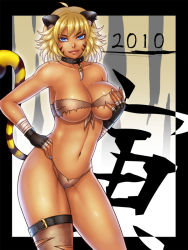 Rule 34 | 10s, 1girl, 2010, animal ears, bandeau, bare shoulders, bikini, blonde hair, blue eyes, grabbing another&#039;s breast, breasts, cat ears, cat tail, choker, cleavage, ear piercing, fangs, fingerless gloves, front-tie top, gloves, grabbing, large breasts, legs, momoman (pink voltage), navel, original, piercing, short hair, smile, solo, swimsuit, tail, tan, thigh strap, thighhighs, thighs, tiger stripes, tiger tail, torn bikini, torn clothes, torn swimsuit, underboob