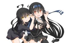 Rule 34 | 2girls, ahoge, black hair, black sailor collar, black serafuku, black shirt, black skirt, black socks, blunt bangs, blunt ends, blush, breasts, chestnut mouth, cleavage, collared shirt, commentary request, crescent, crescent pin, d:, expressionless, grabbing, grabbing another&#039;s breast, grabbing from behind, hair between eyes, hands up, hatsushimo (kancolle), huge ahoge, kantai collection, kneehighs, large breasts, long hair, long sleeves, looking at viewer, low-tied long hair, mikazuki (kancolle), miniskirt, multiple girls, neckerchief, open mouth, orange eyes, pleated skirt, ringed eyes, sailor collar, school uniform, serafuku, shirt, short sleeves, simple background, single horizontal stripe, skirt, socks, surprised arms, thighhighs, very long hair, white background, white neckerchief, white shirt, wing collar, yamato tachibana, yellow eyes