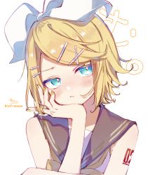 Rule 34 | 1girl, :t, black sailor collar, blonde hair, blue eyes, blush, closed mouth, commentary, hair ornament, hair ribbon, twirling hair, hairclip, hand up, head tilt, highres, kagamine rin, nail polish, pout, ribbon, sailor collar, shirt, signature, simple background, sleeveless, sleeveless shirt, sofra, solo, swept bangs, twitter username, upper body, vocaloid, white background, white ribbon, white shirt, x hair ornament, yellow nails