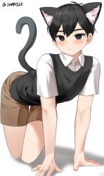 Rule 34 | 1boy, all fours, animal ears, black eyes, black hair, black sweater vest, blush, bright pupils, brown shorts, cargo shorts, cat boy, cat ears, cat tail, closed mouth, collared shirt, g1 (jjw00123), highres, looking at viewer, omori, shirt, short hair, short sleeves, shorts, solo, sunny (omori), sweater vest, tail, twitter username, white pupils, white shirt