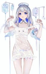 Rule 34 | 1girl, amane kanata, amane kanata (nurse), angel wings, armband, bandaged arm, bandages, blue eyes, blue hair, collar, collarbone, colored inner hair, commentary request, covered navel, cowboy shot, detached collar, dress, frilled dress, frills, hair ornament, hat, highres, holding, holding clothes, holding dress, hololive, id card, intravenous drip, long hair, looking at viewer, multicolored hair, nude, nurse cap, open mouth, pi tayuko, see-through, see-through dress, solo, standing, streaked hair, thighs, virtual youtuber, wet, white background, white collar, white hair, wings, x hair ornament
