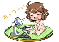 Rule 34 | 10s, 1girl, ahoge, anchor symbol, barefoot, black skirt, brown hair, chemise, chibi, closed eyes, clothes on floor, commentary request, electric fan, fang, full body, hair ornament, hairclip, ikazuchi (kancolle), kantai collection, neckerchief, open mouth, oshiruko (uminekotei), pleated skirt, ribbon-trimmed clothes, ribbon trim, school uniform, serafuku, short hair, simple background, sitting, skin fang, skirt, solo, white background