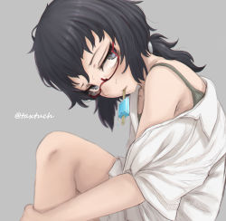 Rule 34 | 10s, 1girl, black eyes, black hair, black shirt, blurry, camisole, closed mouth, commentary, food, from side, girls und panzer, glaring, glasses, grey background, half-closed eyes, head tilt, highres, leg hold, light frown, long sleeves, looking at viewer, medium hair, messy hair, mouth hold, off shoulder, one-hour drawing challenge, oryou (girls und panzer), popsicle, red-framed eyewear, semi-rimless eyewear, shirt, short ponytail, simple background, sitting, sleeves rolled up, solo, sweat, tacch, twitter username, under-rim eyewear, white shirt