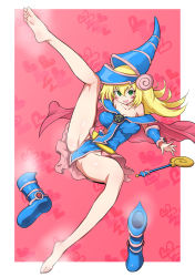 Rule 34 | 1girl, bare shoulders, barefoot, blonde hair, blush, boots, unworn boots, border, collarbone, dark magician girl, duel monster, dynamite tomokazu, feet, female focus, full body, green eyes, hat, highres, leg up, long hair, open mouth, pink background, shiny skin, smell, solo, spread legs, toes, white border, yu-gi-oh!