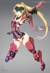 Rule 34 | 10s, 1girl, arched back, arm cannon, armor, armpits, bad perspective, black gloves, black thighhighs, blonde hair, breasts, cameltoe, cannon, character name, copyright name, covered navel, elbow gloves, eyebrows, eyes visible through hair, frame arms girl, full body, gloves, glowing, gluteal fold, green eyes, gun, headgear, highres, hip bones, jinrai (frame arms girl), long hair, looking at viewer, mecha musume, nandz, open mouth, outstretched arm, panties, ponytail, small breasts, solo, teeth, thighhighs, thighs, underwear, very long hair, weapon, white panties
