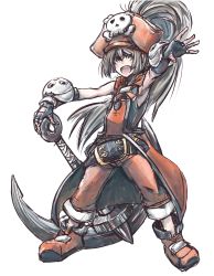 Rule 34 | 1girl, absurdres, anchor, boots, brown eyes, brown hair, culottes, fingerless gloves, flat chest, full body, gloves, guilty gear, hat, high ponytail, highres, huge weapon, kamei (kameikai1), long hair, matching hair/eyes, may (guilty gear), orange hat, orange shirt, outstretched arm, pirate hat, shirt, skull and crossbones, smile, solo, weapon