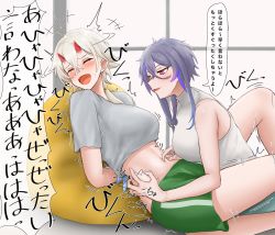 Rule 34 | 2girls, alternate costume, arms behind back, azur lane, bare shoulders, blush, bound, bound wrists, breasts, casual, closed eyes, commentary request, crop top, crossed bangs, cushion, foch (azur lane), green shorts, grey hair, grey shirt, hair between eyes, highres, horns, indoors, jakqbigone, kinu (azur lane), large breasts, long hair, low ponytail, medium breasts, medium hair, midriff, multicolored hair, multiple girls, navel, navel fingering, nose blush, oni horns, open mouth, purple hair, red eyes, shirt, short sleeves, shorts, sidelocks, sitting, sleeveless, sleeveless shirt, smile, speech bubble, sweat, t-shirt, tears, tickle torture, tickling, tickling navel, tickling sides, translation request, white shirt