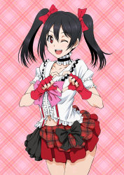 Rule 34 | 10s, 1girl, ;d, black hair, bokura wa ima no naka de, bow, choker, commentary request, fingerless gloves, frills, gloves, hair bow, heart, heart hands, looking at viewer, love live!, love live! school idol project, navel, one eye closed, open mouth, red eyes, red gloves, short hair, short sleeves, skirt, smile, solo, syunzou, twintails, yazawa nico