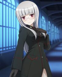 Rule 34 | black gloves, blush, glasses, gloves, heidimarie w. schnaufer, long hair, military uniform, non-web source, red eyes, smile, solo, straight hair, tagme, uniform, white hair, world witches series