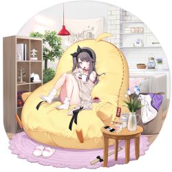 Rule 34 | 1girl, azur lane, bean bag chair, black hairband, brown cardigan, byulzzi, cardigan, cellphone, cherry, chopsticks, closed eyes, controller, eating, flower, food, fruit, game console, game controller, grey hair, hairband, highres, instant ramen, light blush, long hair, looking at viewer, meowfficer (azur lane), nissin cup noodle, official alternate costume, official art, one side up, open cardigan, open clothes, open mouth, pamiat merkuria (azur lane), pamiat merkuria (sweet cherry memories) (azur lane), phone, purple eyes, sitting, smartphone, smile, socks, solo, transparent background, vase, white socks