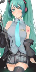 Rule 34 | 1girl, absurdres, aqua eyes, aqua nails, aqua necktie, bare shoulders, black jacket, black thighhighs, blush, closed mouth, fingernails, green hair, grey skirt, hatsune miku, headphones, highres, holding, holding microphone, jacket, kajuu, long hair, microphone, nail polish, necktie, neckwear request, open clothes, open jacket, simple background, skindentation, skirt, smile, solo, thighhighs, twintails, very long hair, vocaloid, white background