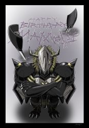 Rule 34 | 1boy, armor, artist request, blackwargreymon, claws, crossed arms, digimon, digimon (creature), english text, full armor, full body, happy birthday, highres, horns, muscular, serious, solo, standing, wings, yellow theme