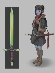 1girl absurdres baldric black_hair blue_skin boots colored_skin dark_elf double_bun elf frown goggles goggles_on_head hair_bun highres jewelry leg_wrap necklace notfuji pointy_ears red_eyes ribbon scarf skirt solo sword the_elder_scrolls the_elder_scrolls_iii:_morrowind weapon