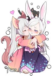 Rule 34 | 2girls, :t, animal ears, bare shoulders, black cat, blush, cat, closed eyes, copyright name, detached sleeves, dress, elin, fox ears, fox girl, fox tail, heart, hug, kiss, kissing cheek, korean clothes, long hair, multiple girls, nose blush, outline, own hands together, pink dress, purple dress, purple eyes, rabbit ears, rabbit girl, rabbit tail, sash, simple background, srinitybeast, tail, tera online, transparent background, twintails, upper body, very long hair, white background, white hair, white outline