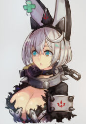 Rule 34 | 1girl, :d, belt, blue eyes, breasts, cleavage, clover, collar, elphelt valentine, eyebrows hidden by hair, four-leaf clover, guilty gear, guilty gear xrd, hairband, heart, highres, large breasts, levvellevvel, light blush, looking to the side, one eye closed, open mouth, short hair, simple background, smile, solo, spiked collar, spiked hairband, spikes, upper body, white hair