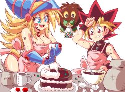 Rule 34 | 1boy, 1girl, apron, bare shoulders, blonde hair, blouse, blue eyes, blush stickers, breasts, cake, cleavage, collar, collarbone, curvy, dark magician girl, dyed bangs, food, gauntlets, hair between eyes, happy, hat, icing, kuriboh, large breasts, lewdamone, long hair, magical girl, multicolored hair, muto yugi, naked apron, open mouth, panties, pink panties, red eyes, red hair, shiny skin, shirt, simple background, sleeveless, sleeveless shirt, smile, spiked hair, teeth, two-tone hair, underwear, upper teeth only, white background, wizard hat, yu-gi-oh!, yu-gi-oh! duel monsters