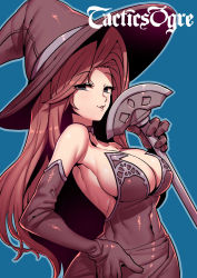 Rule 34 | 1girl, breasts, choker, cleavage, deneb rove, dress, elbow gloves, gloves, hat, highres, large breasts, long hair, purple dress, purple eyes, purple gloves, red hair, sideboob, solo, staff, strapless, strapless dress, tactics ogre, tukiwani, witch, witch hat