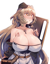 Rule 34 | 1girl, aningay, belt, black hat, blush, body writing, breasts, brown hair, character name, cleavage, collarbone, commentary, covered erect nipples, cross, cross necklace, girls&#039; frontline, hair between eyes, hat, holding, holding shield, huge breasts, jewelry, long hair, looking at viewer, m37 (girls&#039; frontline), necklace, parted lips, red eyes, shield, shotgun shell, simple background, solo, white background