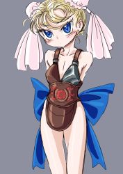 Rule 34 | 1girl, armor, blonde hair, blue eyes, bun cover, chrono cross, commentary request, double bun, looking at viewer, marcy (chrono cross), no bra, s-a-murai, short hair, solo