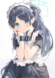 Rule 34 | 1girl, alternate costume, apron, aqua halo, aris (blue archive), aris (maid) (blue archive), black dress, black hair, blue archive, blue eyes, blush, dress, elbows on knees, frilled apron, frilled dress, frills, halo, hands on own cheeks, hands on own face, happy, head rest, highres, long hair, maid apron, maid headdress, ponytail, rectangular halo, ruien (wu jui-en), short sleeves, sitting, smile, solo, very long hair, white apron, wristband
