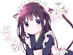 Rule 34 | 1girl, animal ears, apron, black kimono, blush, brown hair, cat ears, cat girl, cat tail, closed mouth, commentary request, flower, half updo, hamada pengin, highres, japanese clothes, kimono, long hair, looking at viewer, maid, maid apron, maid headdress, original, purple eyes, simple background, solo, tail, tail raised, very long hair, wa maid, white apron, white background, white flower
