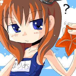 Rule 34 | 1girl, ?, blue eyes, blue one-piece swimsuit, blue school swimsuit, blush, brown hair, cloud, collarbone, crown, flat chest, holding, long hair, looking to the side, marinba, name tag, one-piece swimsuit, school swimsuit, sky, standing, starfish, swimsuit, umineko no naku koro ni, upper body, ushiromiya maria