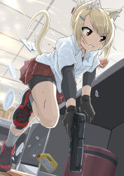 Rule 34 | 1girl, animal ear fluff, animal ears, arai kogane, bike shorts, black gloves, black shorts, blonde hair, blood, cat ears, cat girl, cat tail, clenched teeth, collared shirt, commentary request, cuts, dress shirt, folded ponytail, gloves, grey socks, gun, hair ornament, hairclip, handgun, highres, holding, holding gun, holding weapon, indoors, injury, layered sleeves, long sleeves, looking to the side, original, plaid, plaid skirt, pleated skirt, red eyes, red footwear, red skirt, running, shirt, shoes, short over long sleeves, short sleeves, shorts, shorts under skirt, skirt, socks, solo, tail, teeth, weapon, weapon request, white shirt