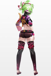 Rule 34 | 1girl, absurdres, artist request, ass, breasts, cameltoe, from behind, genshin impact, green hair, hair ornament, hand on own hip, highres, kuki shinobu, long hair, looking at viewer, looking back, mask, medium breasts, ninja, ponytail, purple eyes, shiny skin, short shorts, shorts, sideboob, simple background, solo, thighhighs, white background
