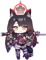Rule 34 | 1girl, absurdres, animal ear fluff, animal ears, bayonet, black footwear, black gloves, black hair, black sailor collar, black shirt, blue archive, brown eyes, chibi, closed mouth, commentary request, fingerless gloves, fishnet thighhighs, fishnets, floral print, full body, gloves, gun, halo, highres, long hair, long sleeves, looking at viewer, multicolored hair, panatisia, pleated skirt, red hair, rifle, sailor collar, shirt, shoes, simple background, skirt, smile, solo, standing, thighhighs, two-tone hair, very long hair, wakamo (blue archive), weapon, weapon across shoulders, weapon request, white background, white skirt, wide sleeves