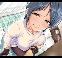 Rule 34 | 1girl, alarm clock, aoi tiduru, bed, bed sheet, black gloves, black pantyhose, blanket, blue hair, blush, grabbing another&#039;s breast, breasts, brown eyes, chizurusou (tiduru 39), clock, closed mouth, collarbone, crescent, curtains, eyebrows, gloves, grabbing, guided breast grab, guiding hand, indoors, jewelry, large breasts, letterboxed, lips, looking at viewer, mole, mole under mouth, motion lines, naughty face, necklace, on bed, original, pantyhose, paper, parted bangs, pendant, pov, room, shirt tug, short hair, sitting, smile, solo focus, sweat, sweatdrop, sweater, tsurime