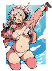 Rule 34 | 1girl, bikini, black gloves, blue eyes, blush, breasts, elphelt valentine, fingerless gloves, gloves, grey hair, guilty gear, highres, holding, holding microphone, itsuka neru, jacket, large breasts, long sleeves, looking at viewer, microphone, navel, one eye closed, open mouth, pink jacket, pink theme, short hair, smile, solo, swimsuit, teeth, upper teeth only, white bikini