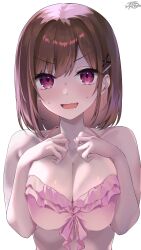 Rule 34 | 1girl, absurdres, bikini, bikini top only, breasts, brown hair, childhood friend-chan (ramchi), cleavage, collarbone, commentary request, frilled bikini, frills, hair ornament, hairclip, highres, large breasts, looking at viewer, open mouth, original, pink bikini, purple eyes, ramchi, short hair, simple background, smile, solo, swimsuit, upper body, white background, x hair ornament