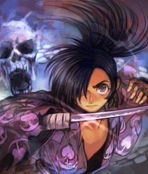 Rule 34 | 1boy, black hair, brown eyes, closed mouth, dororo (tezuka), fighting stance, ghost, hair over one eye, holding, holding sword, holding weapon, hungry clicker, hyakkimaru (dororo), japanese clothes, katana, long sleeves, male focus, ponytail, skull, solo, sword, upper body, weapon, wide sleeves