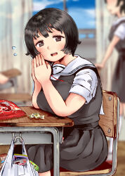 Rule 34 | 2girls, black hair, black skirt, blurry, blurry background, breasts, candy, classroom, desk, flying sweatdrops, hands up, highres, jimiko, large breasts, looking at viewer, multiple girls, own hands together, roku-jou, school desk, school uniform, short hair, short sleeves, sitting, skirt, uniform, wrapped candy