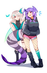 Rule 34 | 2girls, :d, ;q, bare arms, bare shoulders, black hoodie, blue eyes, boots, braid, breasts, clothes writing, commentary, cross-laced footwear, dragon tail, english commentary, fang, fishnet pantyhose, fishnets, flying sweatdrops, full body, grey hair, hair between eyes, hair ornament, hands in pockets, head wings, heterochromia, highres, hood, hood down, hoodie, knee boots, large breasts, long hair, long sleeves, multiple girls, nail polish, nijisanji, nijisanji en, one eye closed, open mouth, pantyhose, pink shorts, pomu rainpuff, pomu rainpuff (3rd costume), purple eyes, purple hair, red eyes, ribbon, ricegnat, selen tatsuki, shoes, short shorts, shorts, side ponytail, simple background, skin fang, slit pupils, smile, sneakers, tail, tail ornament, tail ribbon, thigh strap, tongue, tongue out, twin braids, virtual youtuber, white background, wings, x hair ornament