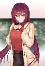 Rule 34 | 1girl, absurdres, alternate costume, beige coat, black skirt, blush, breasts, casual, closed mouth, coat, coffee cup, contemporary, crimecrime, cup, disposable cup, fate/grand order, fate (series), hair between eyes, highres, large breasts, long hair, long sleeves, looking at viewer, open clothes, open coat, purple hair, red eyes, red sweater, scathach (fate), skirt, smile, solo, sweater