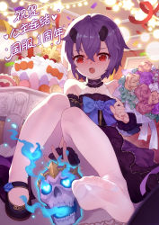 Rule 34 | 1girl, :o, absurdres, bare shoulders, black dress, black footwear, blue bow, blue bowtie, blue flower, blue rose, blush, bouquet, bow, bowtie, cake, commentary request, confetti, covered collarbone, crossed bangs, dress, feet, flower, food, foot focus, foreshortening, gold trim, hair between eyes, heart, heart in eye, highres, indoors, knees together feet apart, looking at viewer, mary janes, nose blush, open mouth, orange flower, orange rose, pantyhose, pink flower, pink rose, princess connect!, purple hair, red eyes, rose, shinobu (princess connect!), unworn shoe, shoes, unworn shoes, short hair, skull, solo, star (symbol), symbol in eye, tearing up, toes, translation request, tsubasa tsubasa, white pantyhose
