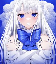 Rule 34 | 1girl, blue background, blue eyes, blush, bow, bowtie, braid, clothing cutout, commentary, cross, cross earrings, crossed arms, crown braid, dangle earrings, earrings, flower, high collar, highres, jewelry, large bow, long hair, long sleeves, looking at viewer, mouth hold, nail polish, original, petal in mouth, petals, rose, shoulder cutout, solo, straight-on, symbol-only commentary, upper body, wanko (yurika0320), white flower, white hair, white rose