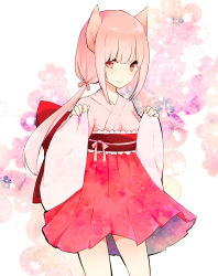 Rule 34 | 1girl, animal ears, azuki (krps-hano), blunt bangs, blush, bow, cat ears, closed mouth, cowboy shot, floral print, flower, hair ribbon, hakama, hakama short skirt, hakama skirt, highres, holding, japanese clothes, kimono, long hair, long sleeves, looking at another, looking at viewer, low twintails, manatsuki manata, original, pink flower, pink hair, pink kimono, pink rose, red bow, red eyes, red hakama, ribbon, rose, sash, sidelocks, skirt, smile, solo, standing, tareme, twintails, wide sleeves