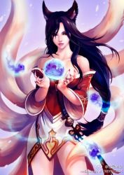 Rule 34 | 1girl, ahri (league of legends), animal ears, bare shoulders, black hair, breasts, brown eyes, detached sleeves, energy ball, eyebrows, fox ears, fox tail, korean clothes, league of legends, long hair, miniskirt, multiple tails, nail polish, orb, skirt, solo, tail, web address