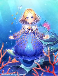 Rule 34 | 1girl, air bubble, animal, blonde hair, blue dress, blush, bow, bubble, cardfight!! vanguard, character request, commentary request, coral, dress, fish, forehead, long sleeves, looking at viewer, mermaid, momoshiki tsubaki, monster girl, nail polish, official art, parted bangs, parted lips, pointy ears, puffy dress, puffy long sleeves, puffy sleeves, purple eyes, see-through, see-through sleeves, solo, star (symbol), striped, striped bow, underwater, water, watermark