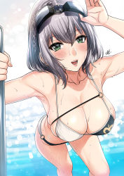 Rule 34 | 1girl, armpits, blush, breasts, green eyes, highres, hololive, large breasts, mole, mole on breast, open mouth, shirogane noel, short hair, silver hair, solo, swimsuit, virtual youtuber, water, wet, xter